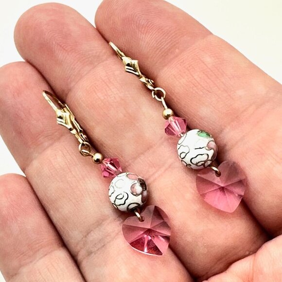 Womens Earrings 10K Gold Pink Crystal Cloisonne' Pierced Chandelier - Picture 2 of 6